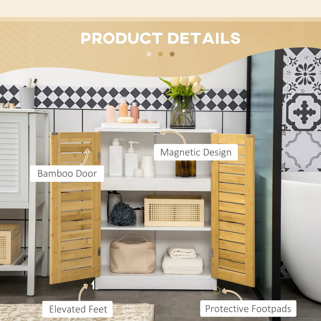 Bathroom Floor Cabinet with Bamboo Doors, Adjustable Shelves, White and Natural G244781