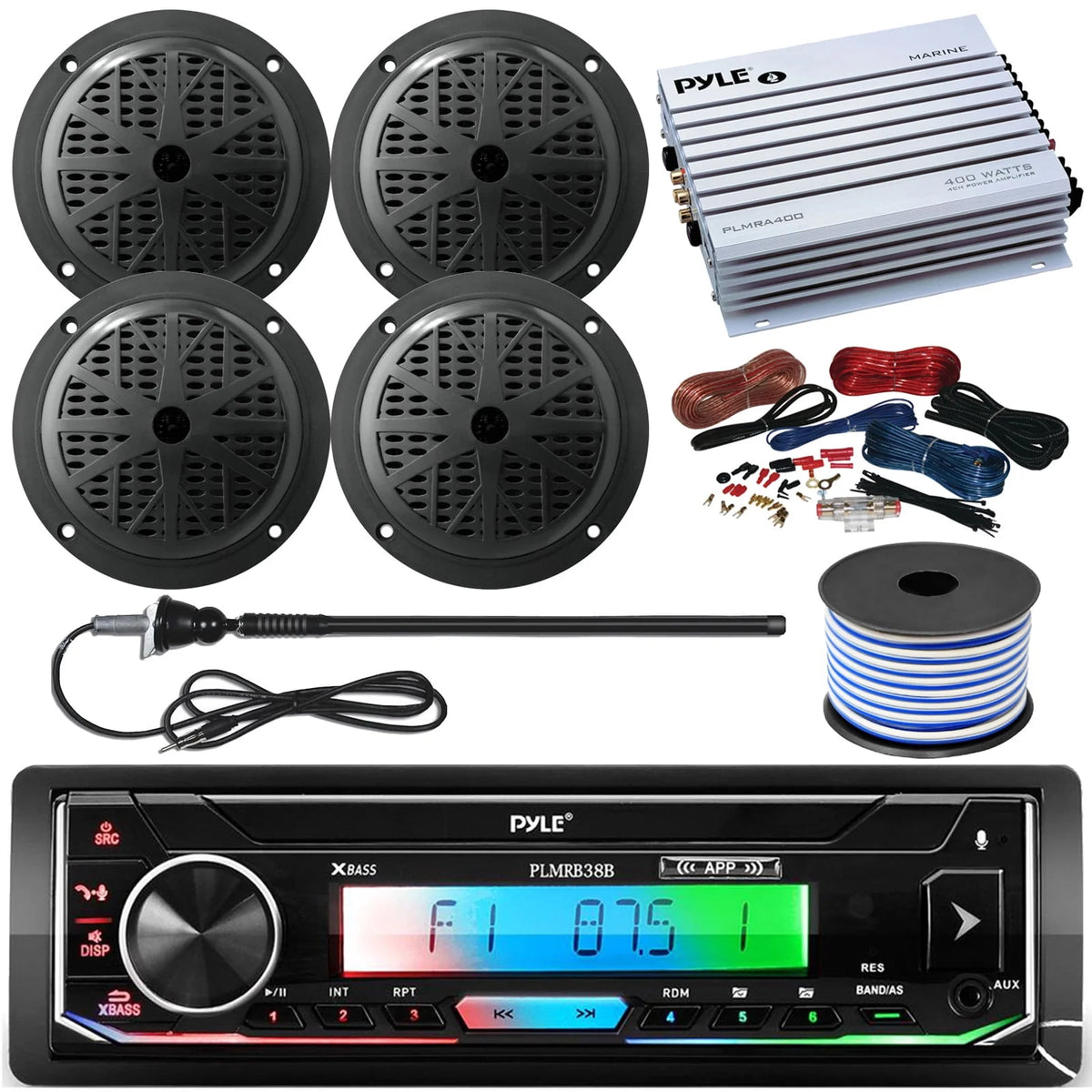 Single DIN Bluetooth Marine Stereo Receiver Bundle with 4x 5.25'' Black Marine Speakers, 4-Channel Amplifier, Wiring Kit, Speaker Wire, Radio Antenna M256