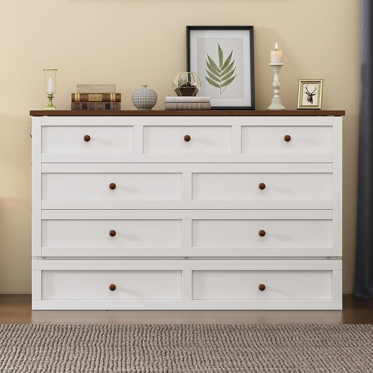 Queen Size Foldable Wood Murphy Bed Chest with Charging Station and Storage Drawer X813