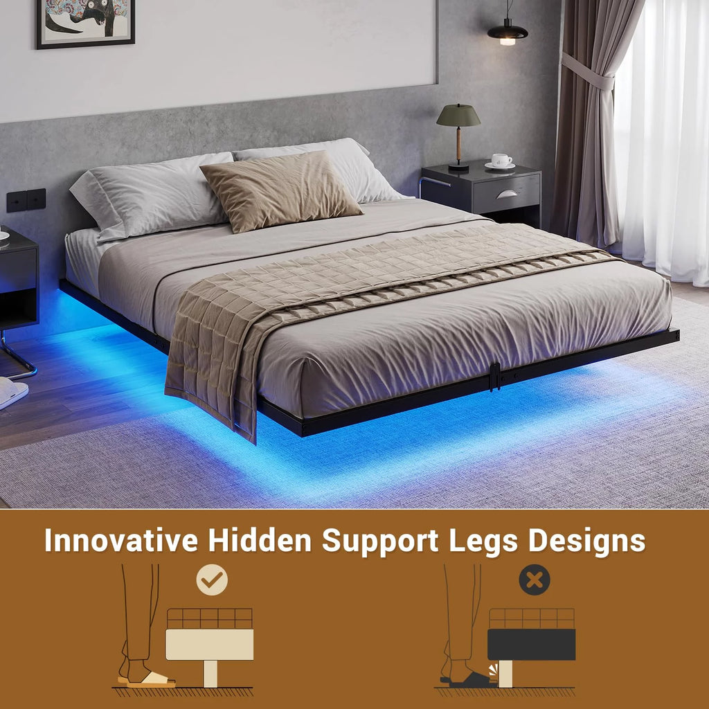 King Size LED Lights Linen Fabric Platform Bed V303