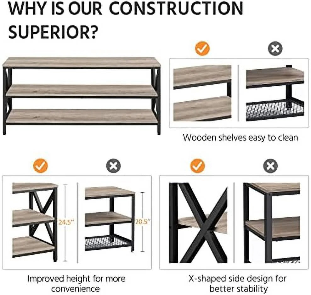 Industrial TV Stand with 3 Tier Shelves Metal Frame Rustic Brown Q950