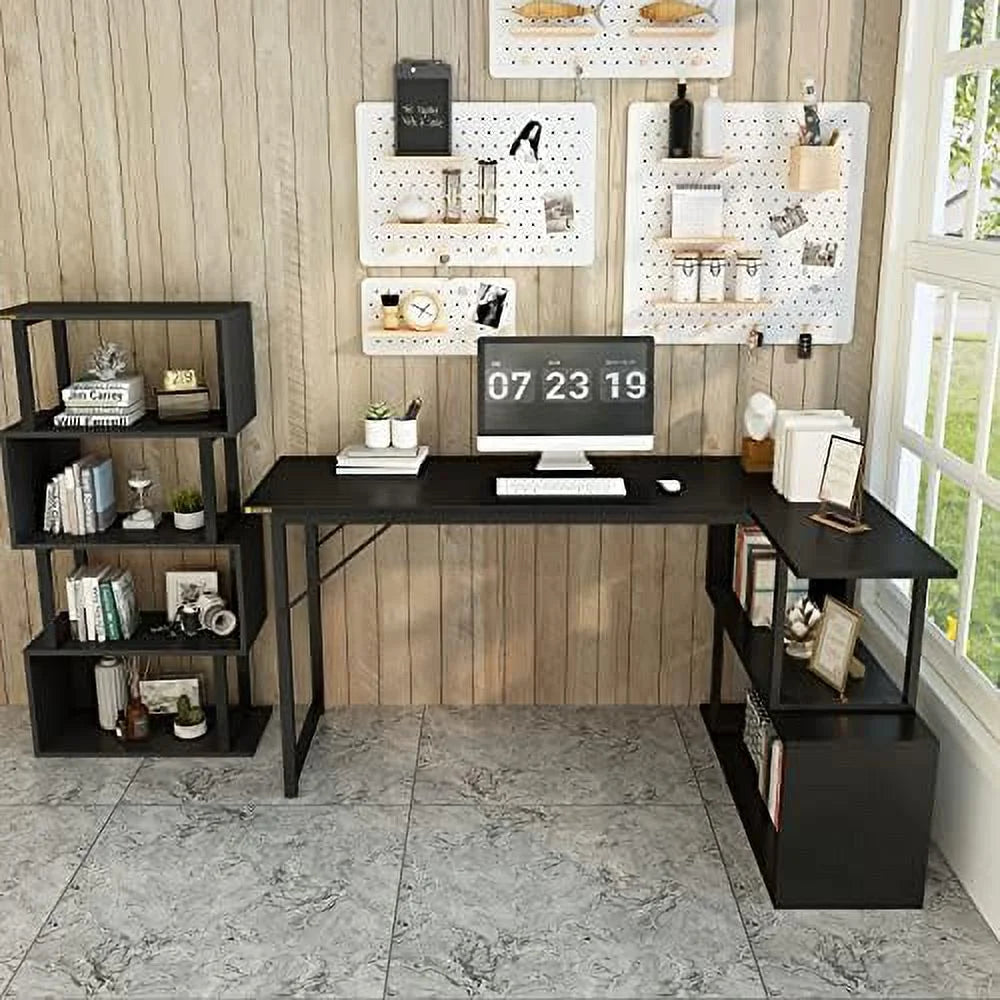 L Shaped Desk 47 Inches Computer Desk with 2 Tier Shelves Black H9381