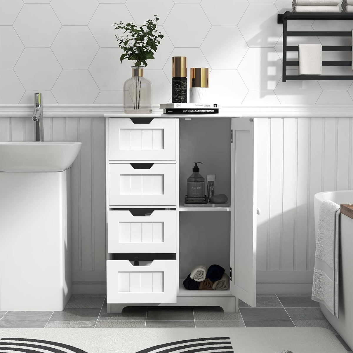 White Freestanding Bathroom Storage Cabinet with 4 Drawers and 1 Door K5851