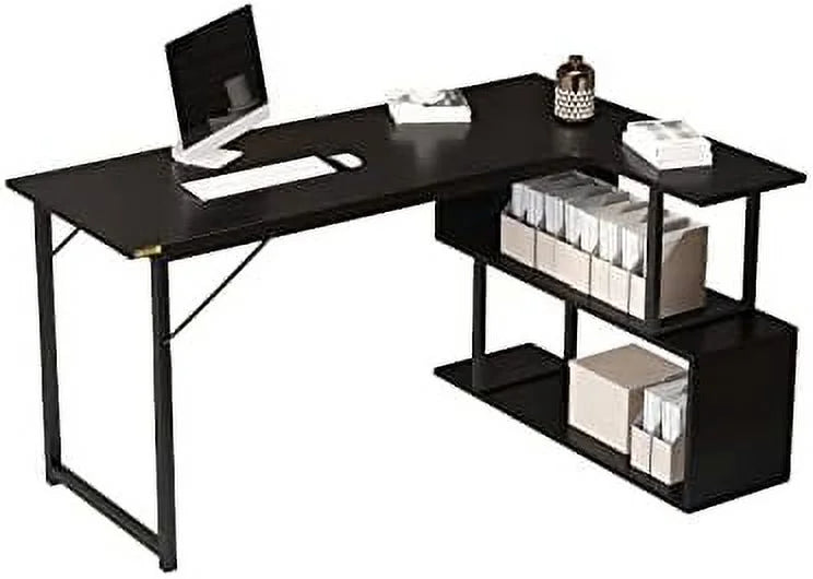 L Shaped Desk 47 Inches Computer Desk with 2 Tier Shelves Black H9381