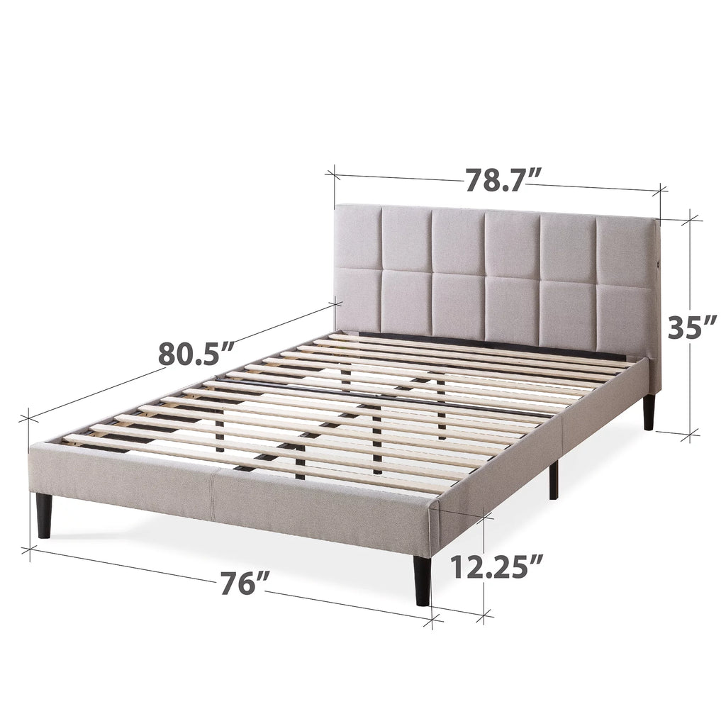 Grey Queen Upholstered Platform Bed Frame with USB Ports U8104