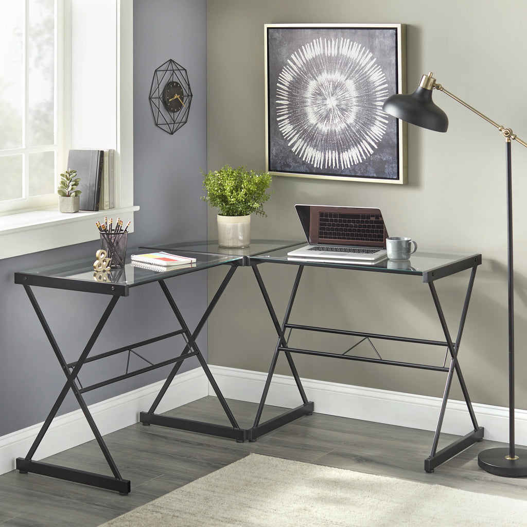 L Shape Computer Desk with Metal Frame & Clear Glass Top G50011
