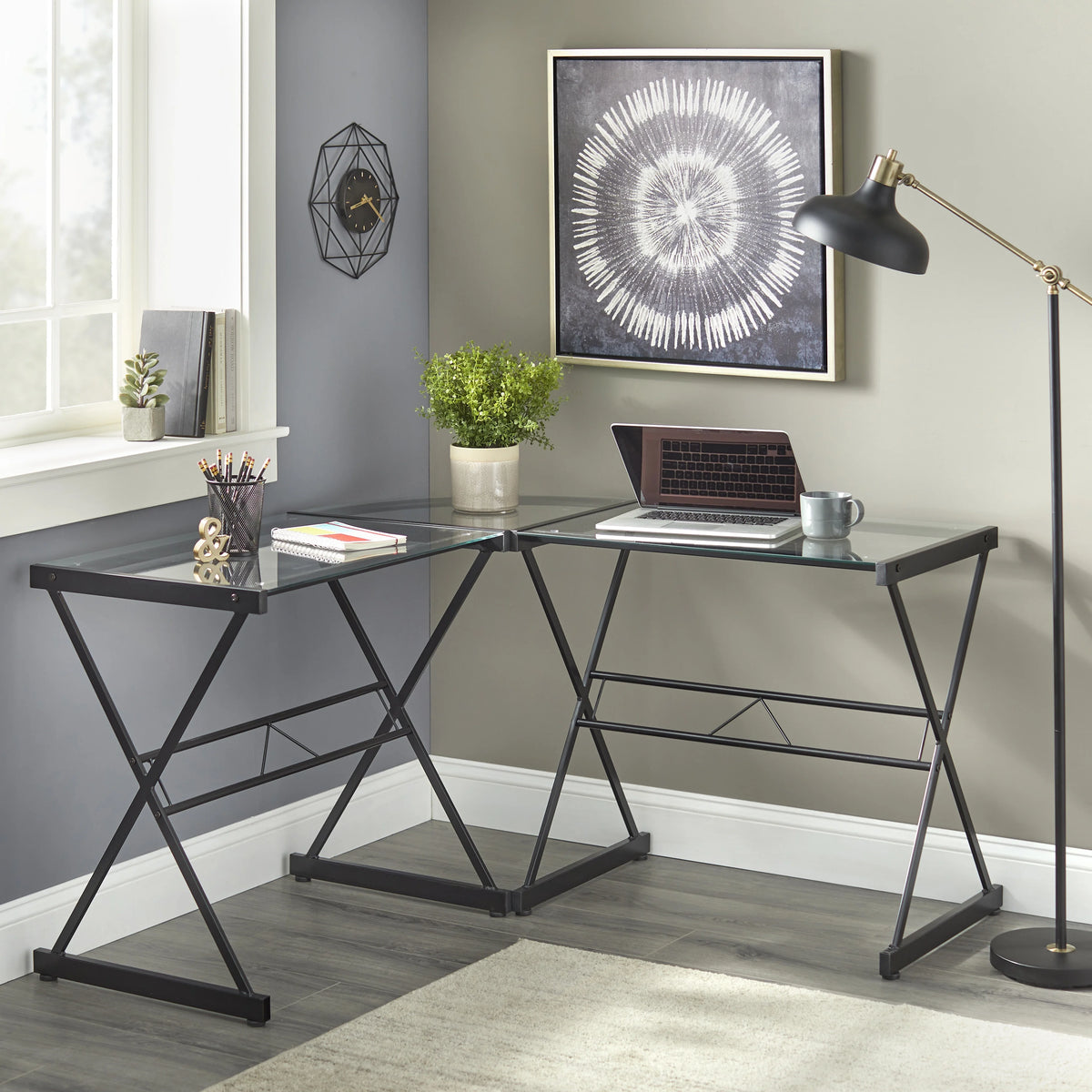 L Shape Computer Desk with Metal Frame & Clear Glass Top G50011