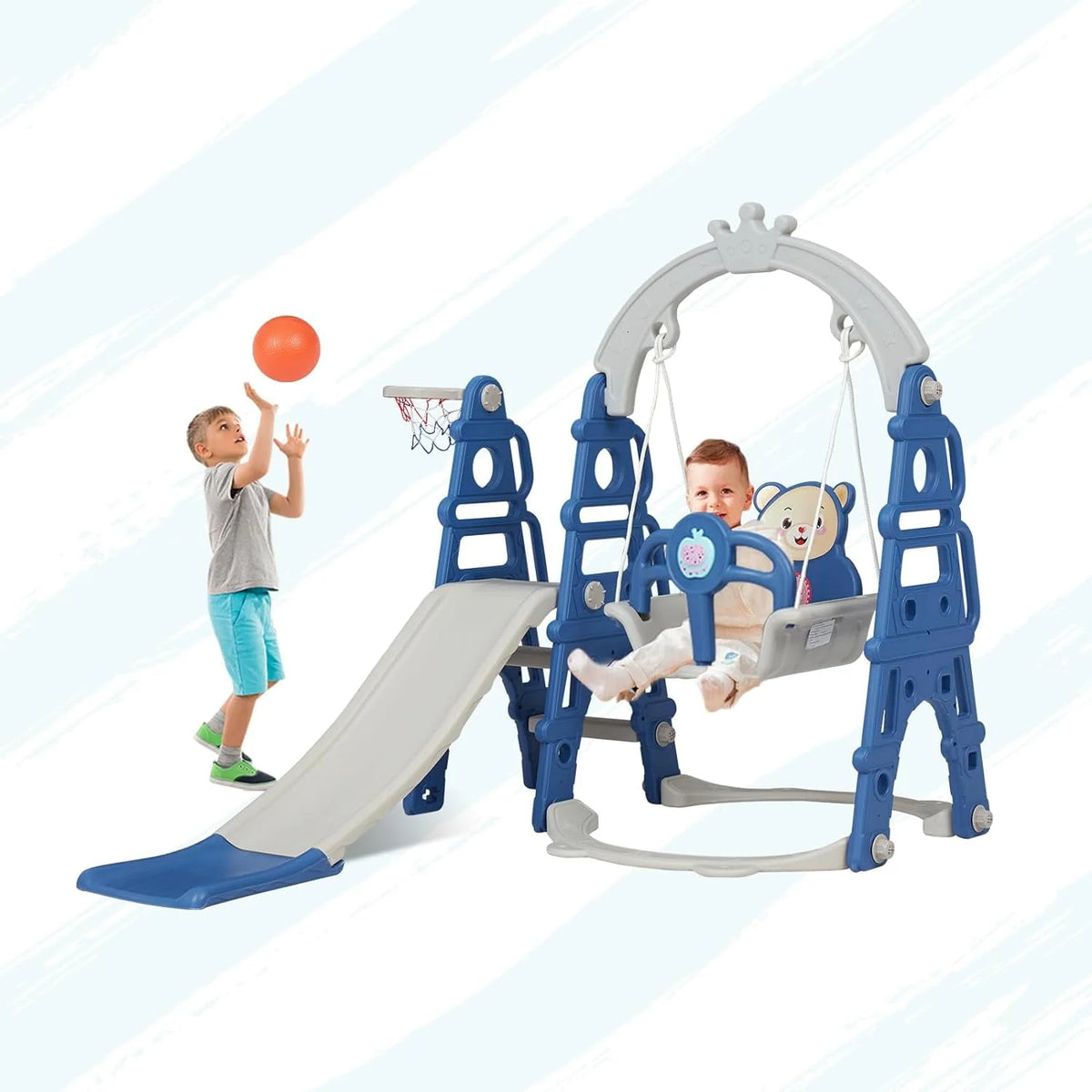 5 in 1 Toddler Slide Swing Set with Basketball Hoop Blue P69511