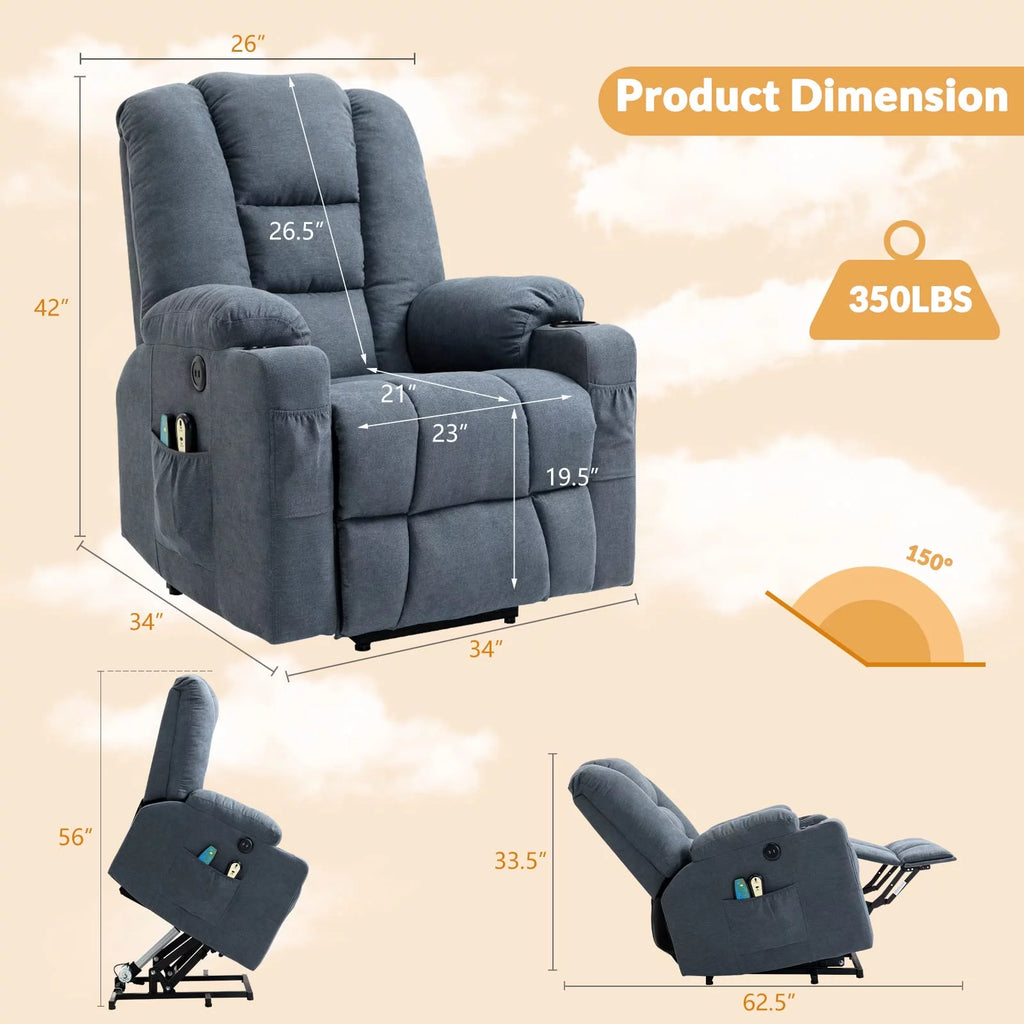 Gray-Blue Fabric Lift Recliner Chair with Heat and Massage T719282
