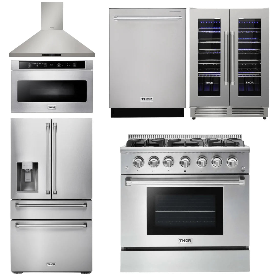 36 Gas Range, Range Hood, Microwave, Refrigerator with Water and Ice Dispenser, Dishwasher, Wine Cooler O904669