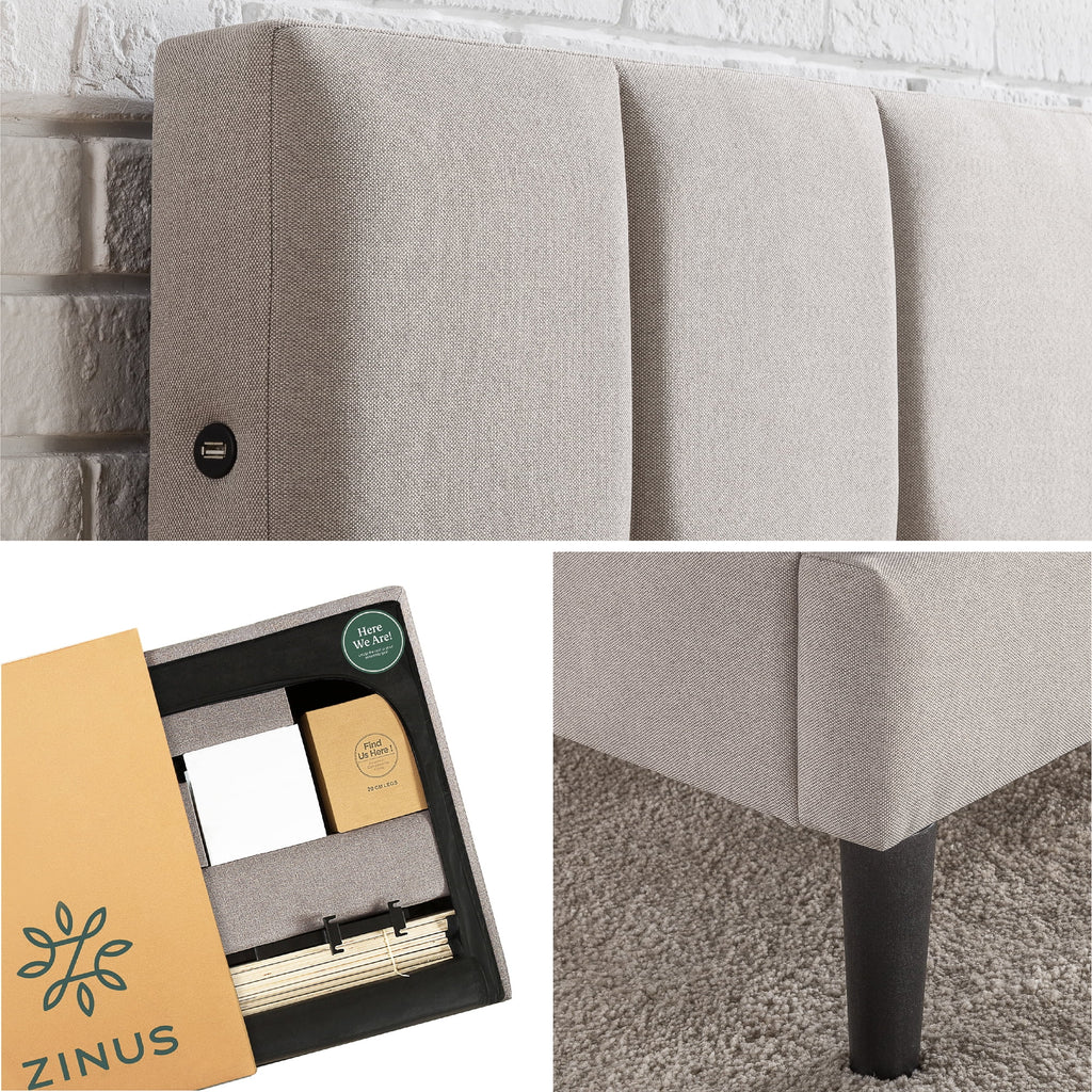 Grey Queen Upholstered Platform Bed Frame with USB Ports U8104