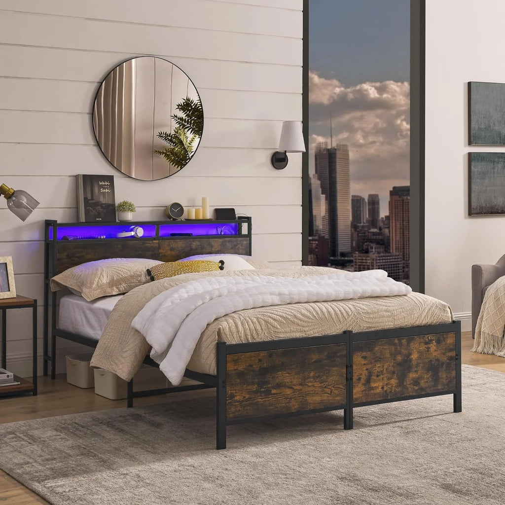 Full Size Metal Platform Bed with Storage Headboard K456