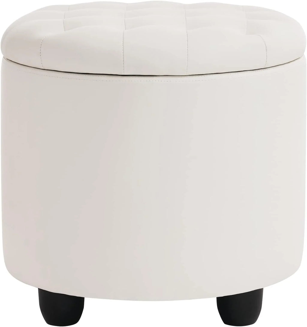 19" Round Storage Ottoman with Cover Lid Tufted PU Leather Fabric Ottoman E1331