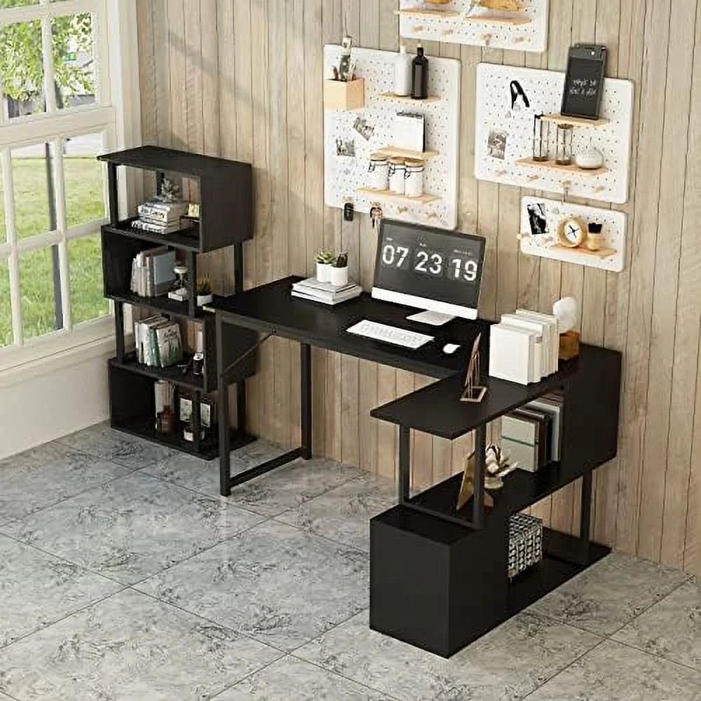 L Shaped Desk 47 Inches Computer Desk with 2 Tier Shelves Black H9381