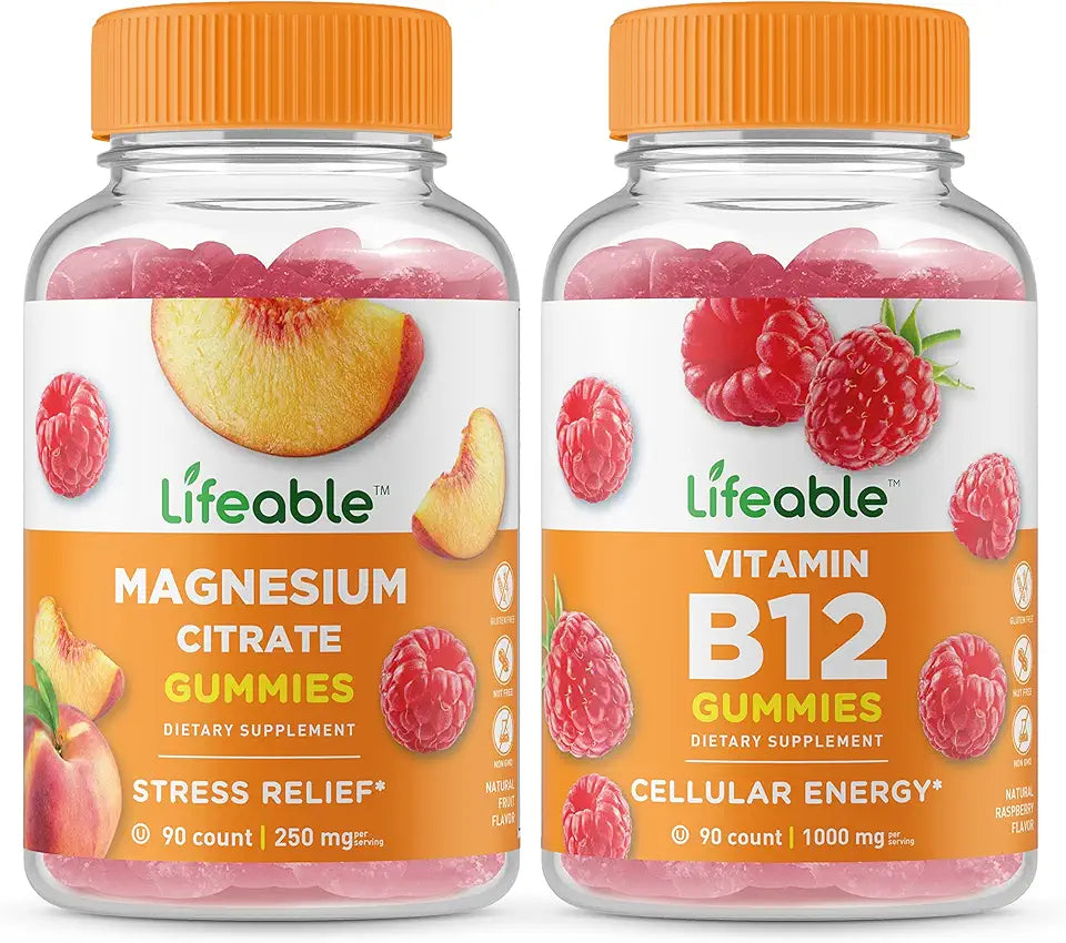 Magnesium 85mg + Vitamin B12 Gummies Bundle, Gluten Free Chewable Vitamin Supplement Q387