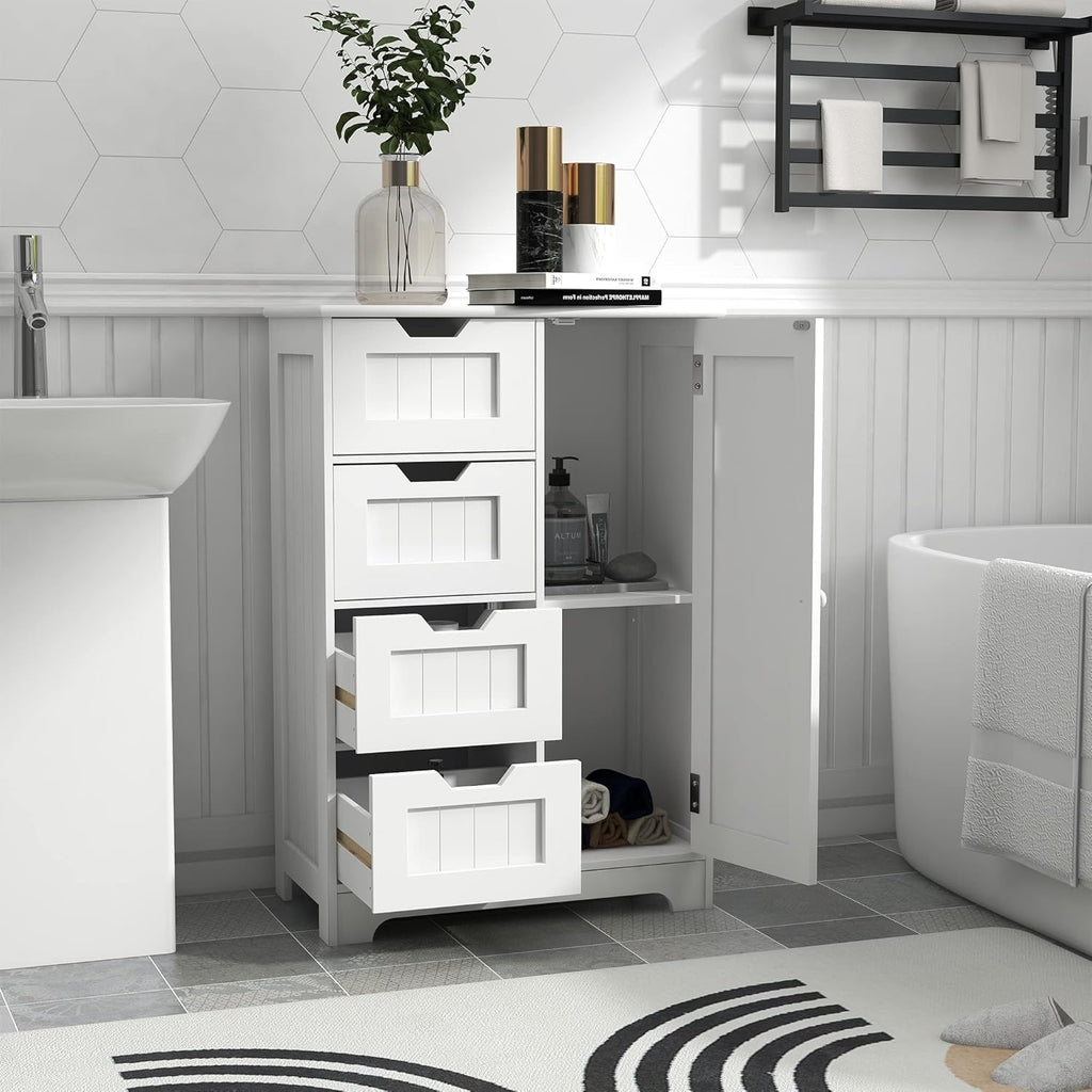 White Freestanding Bathroom Storage Cabinet with 4 Drawers and 1 Door K5851