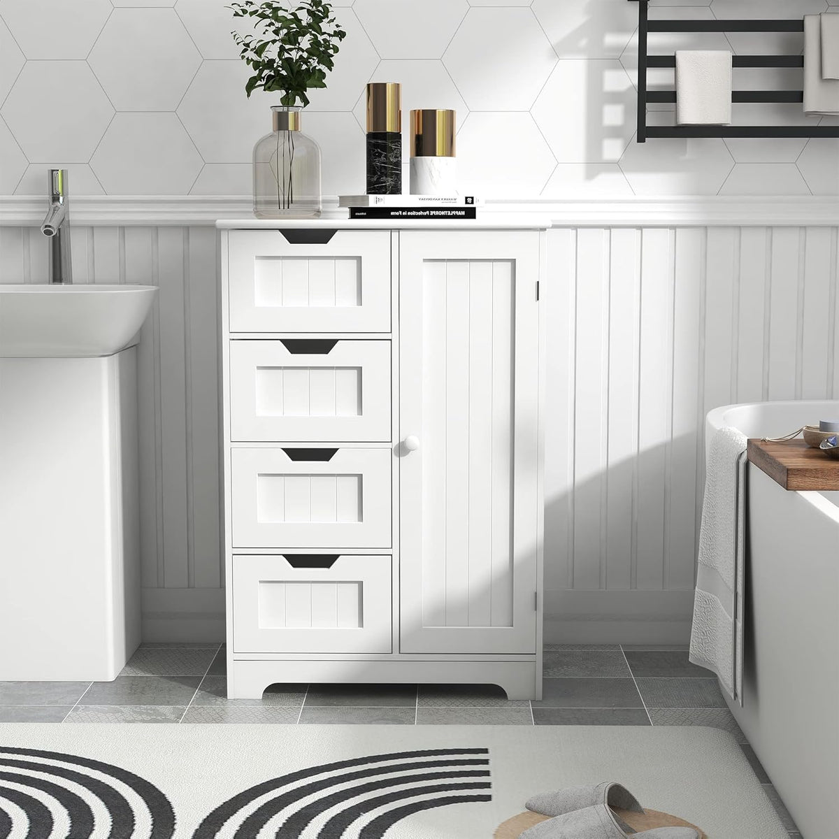 White Freestanding Bathroom Storage Cabinet with 4 Drawers and 1 Door K5851