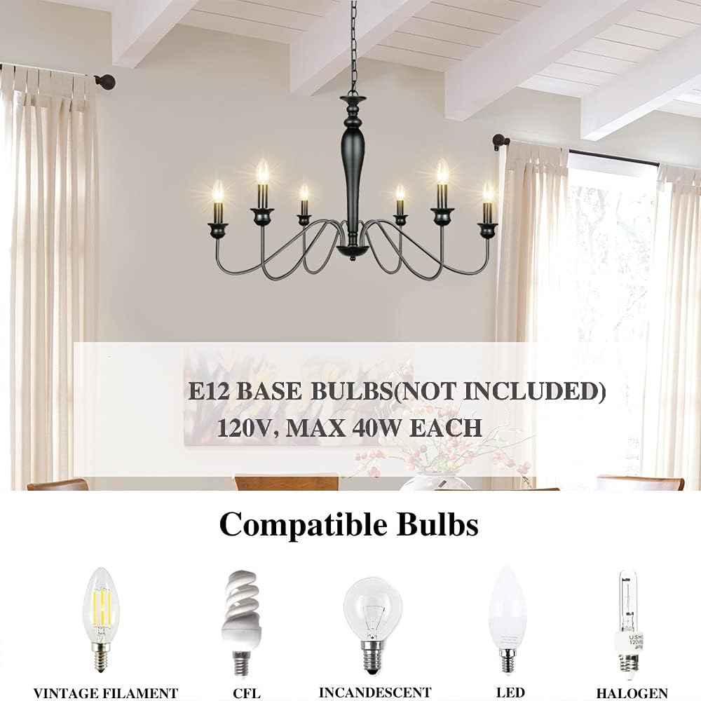 6-Light Black Iron Candle Chandelier E798