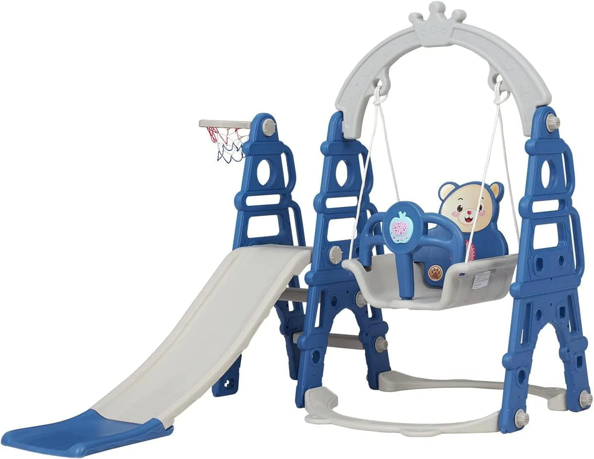 5 in 1 Toddler Slide Swing Set with Basketball Hoop Blue P69511