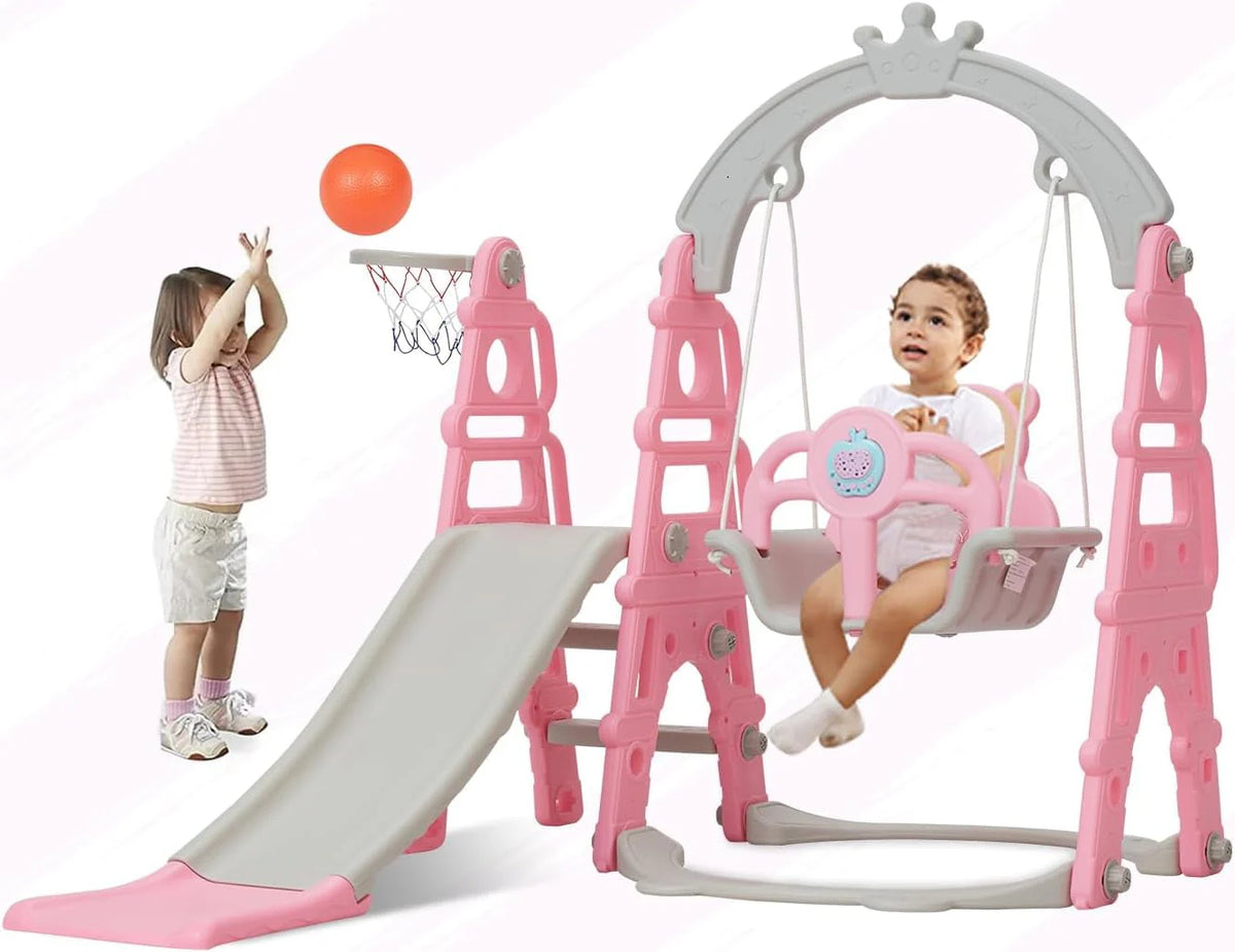 5 in 1 Toddler Slide Swing Set with Basketball Hoop Blue P69511