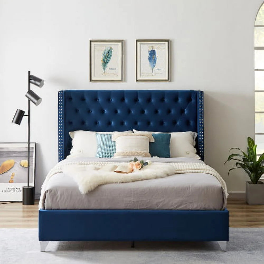 Queen Bed with Button Headboard, Wooden Slats and Metal Legs N499967