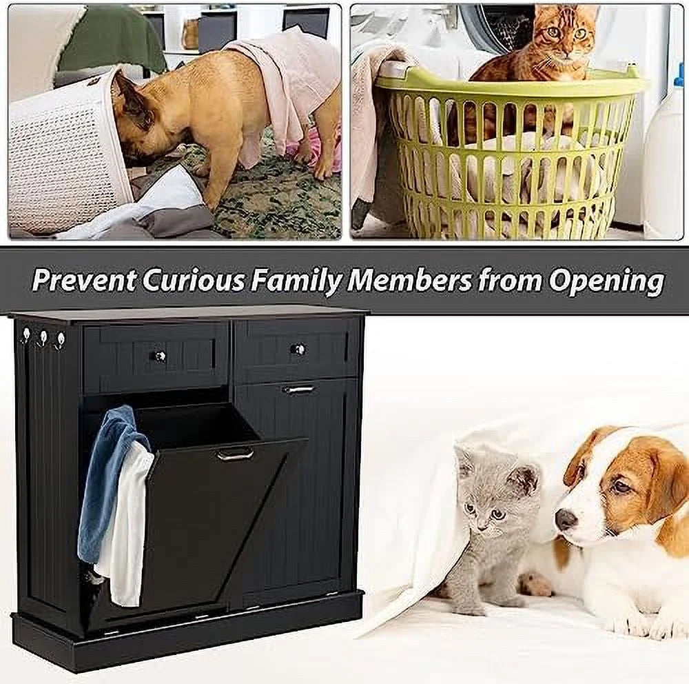 Double Tilt Out Trash Cabinet Laundry Hamper with Drawer 20 Gallon Black Q7497