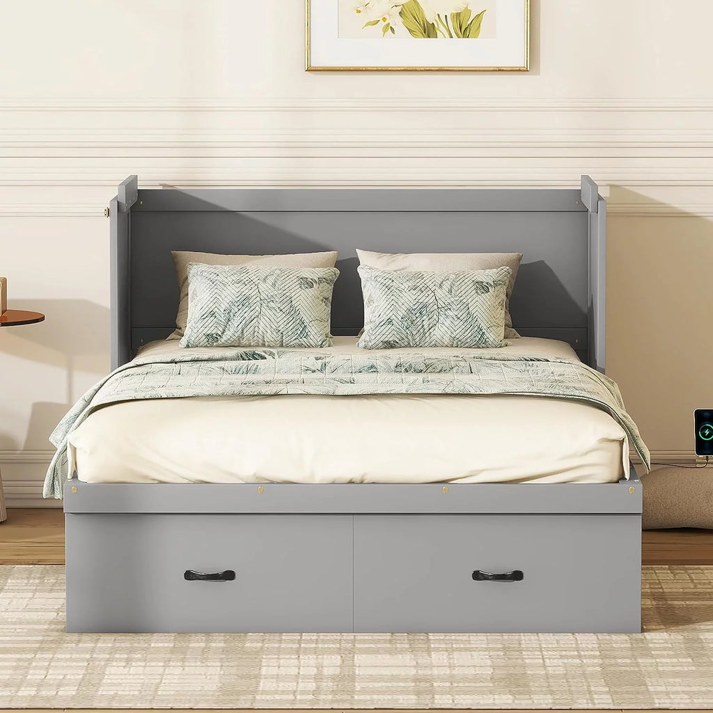 Queen Size Foldable Wood Murphy Bed Chest with Charging Station and Storage Drawer X813