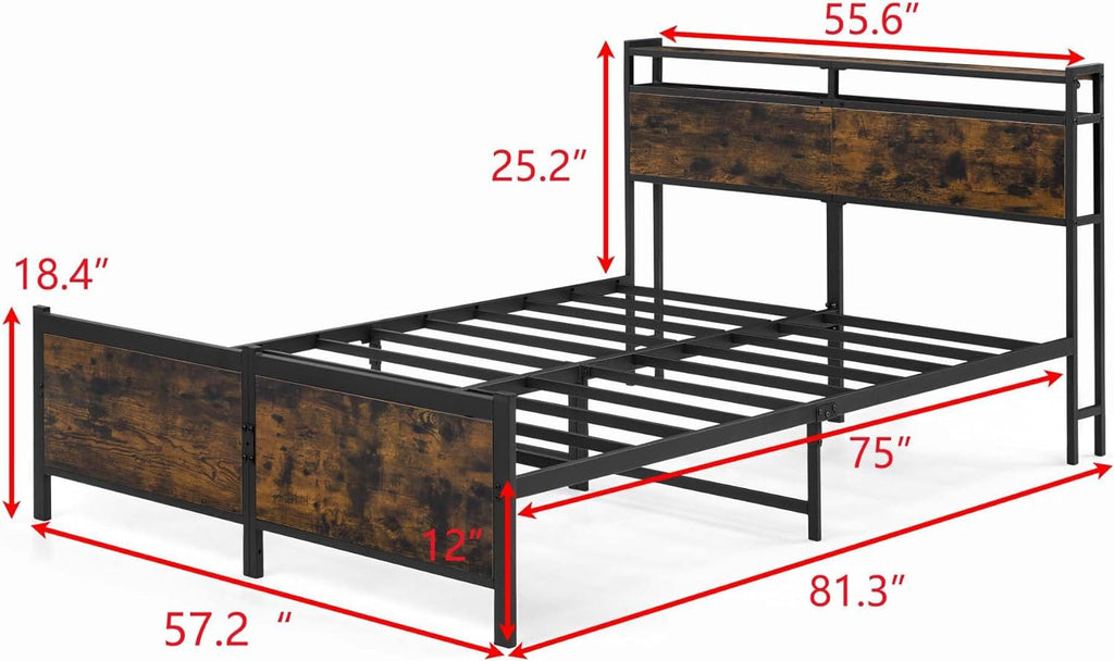Full Size Metal Platform Bed with Storage Headboard K456