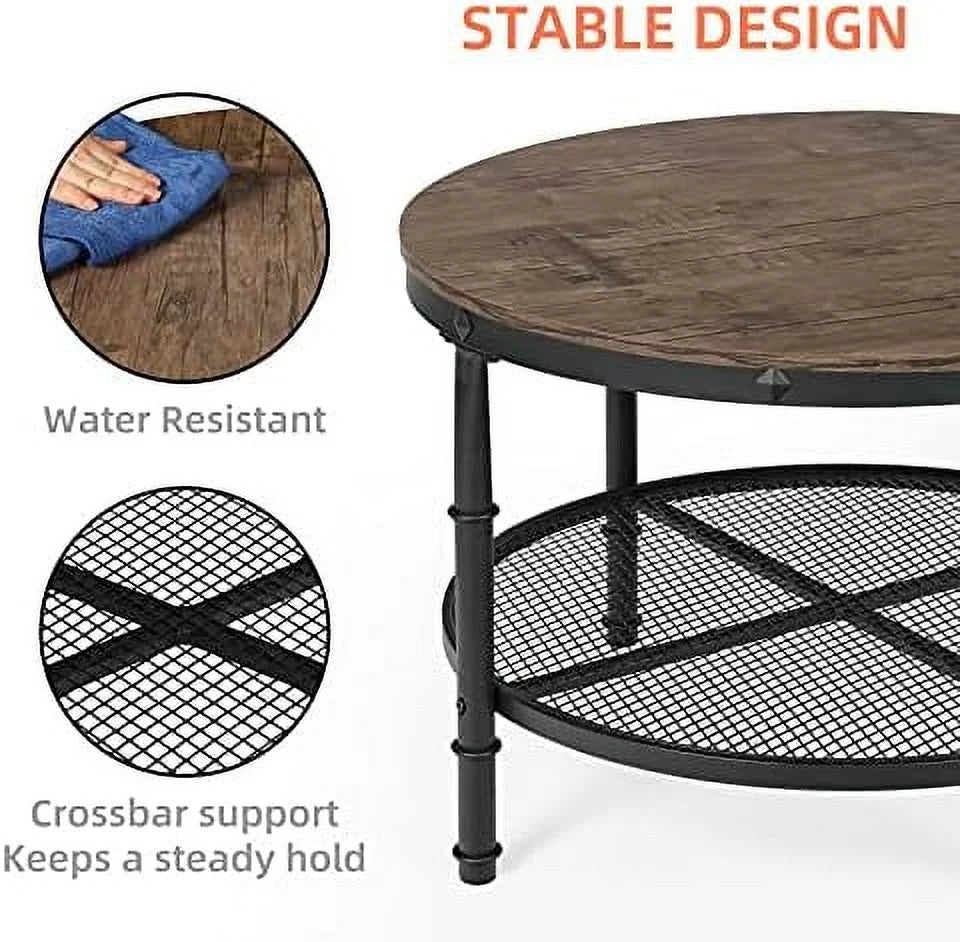 Small Round Coffee Table with Rustic Wood Top & Metal Legs & 2-Tier Grey H62888