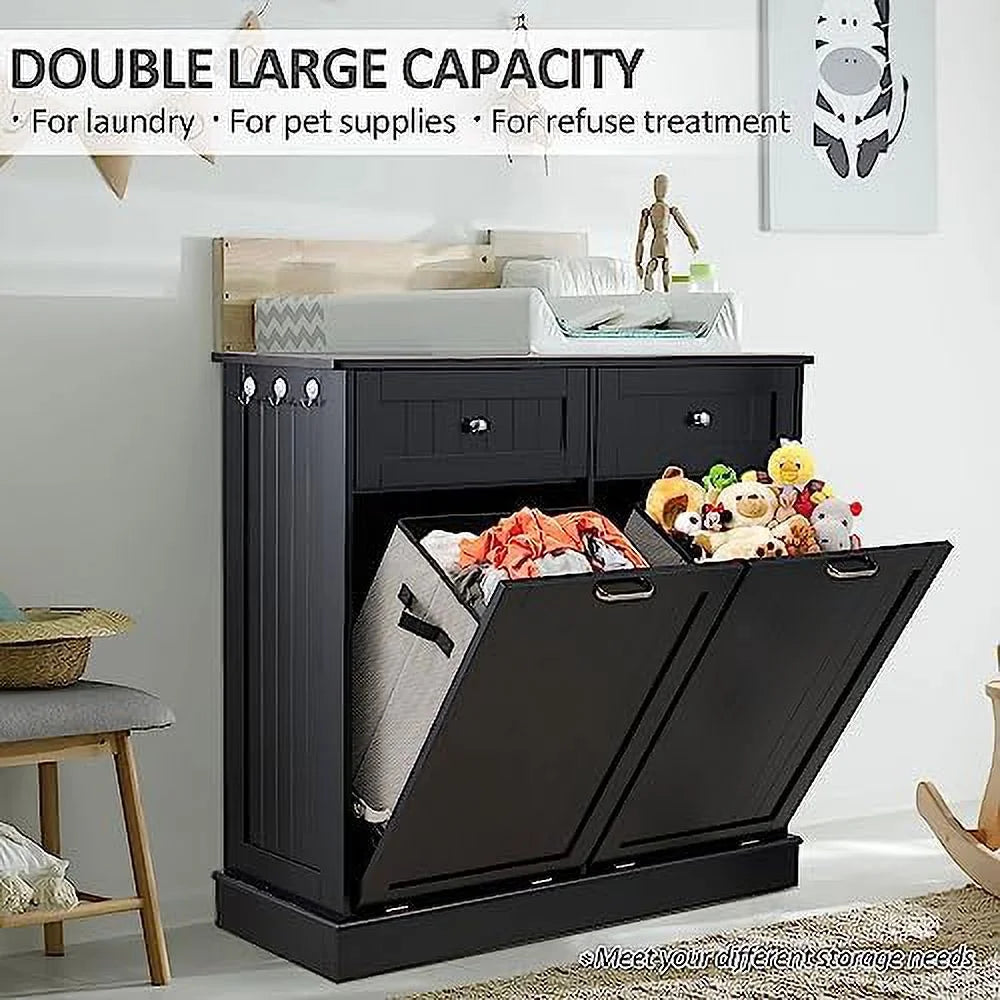 Double Tilt Out Trash Cabinet Laundry Hamper with Drawer 20 Gallon Black Q7497