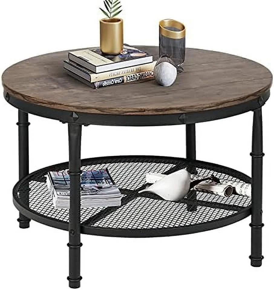 Small Round Coffee Table with Rustic Wood Top & Metal Legs & 2-Tier Grey H62888