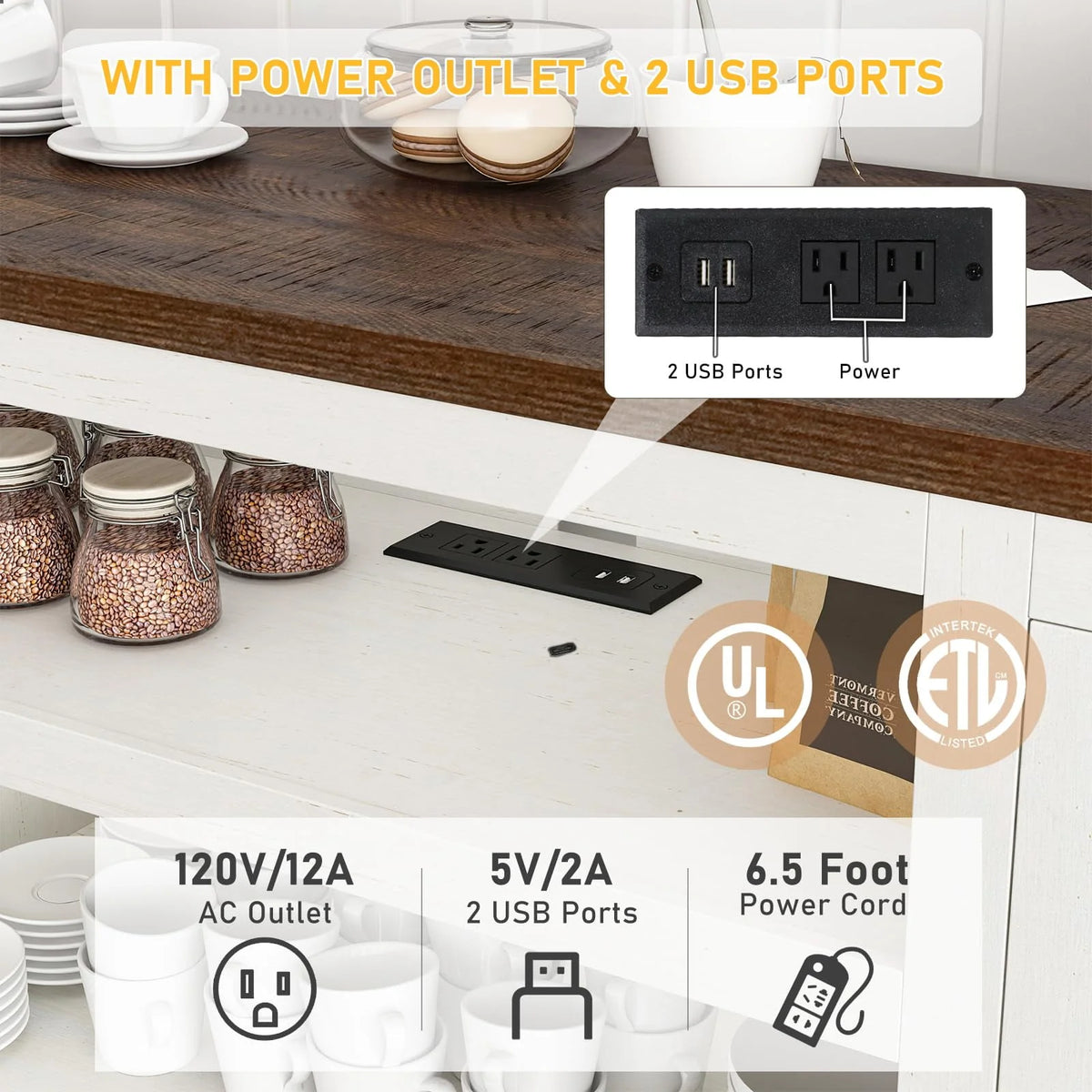 4 Layer Brown Coffee Bar Cabinet with Power Outlet C2084