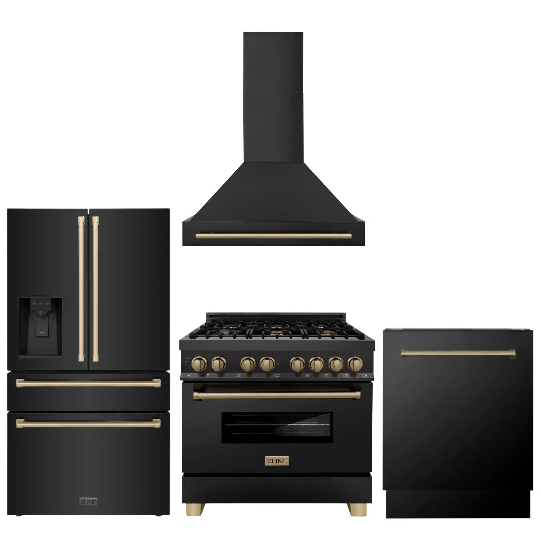 36 Dual Fuel Range, Range Hood, Refrigerator, Dishwasher in Black Stainless N302996
