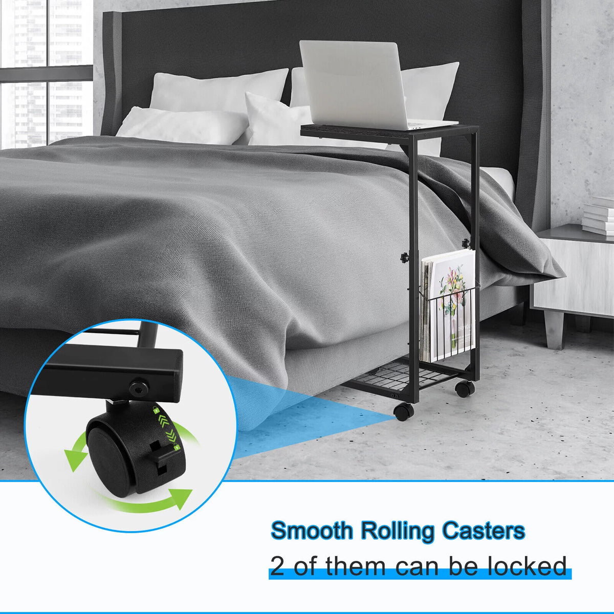 C Shaped Side Table with Wheels & Storage Shelves K25261