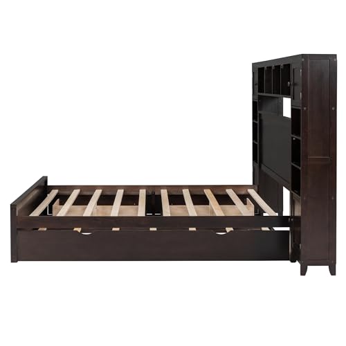 White Full Size Platform Bed with Bookcase Headboard and Storage Drawers V785
