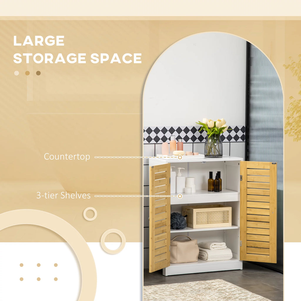 Bathroom Floor Cabinet with Bamboo Doors, Adjustable Shelves, White and Natural G244781
