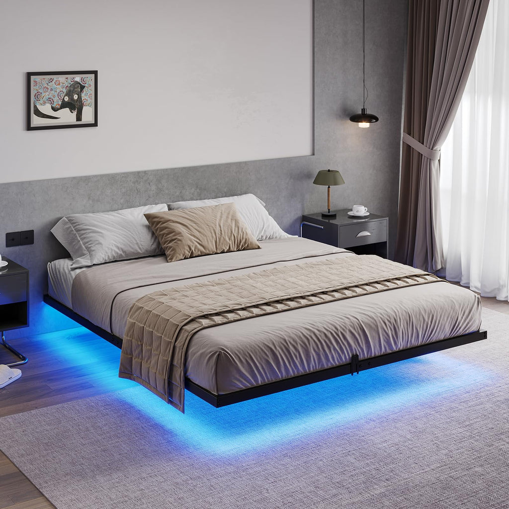 King Size LED Lights Linen Fabric Platform Bed V303