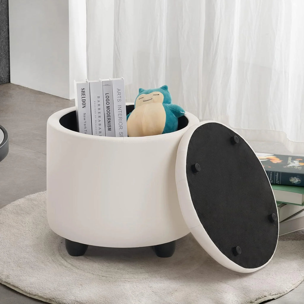 19" Round Storage Ottoman with Cover Lid Tufted PU Leather Fabric Ottoman E1331