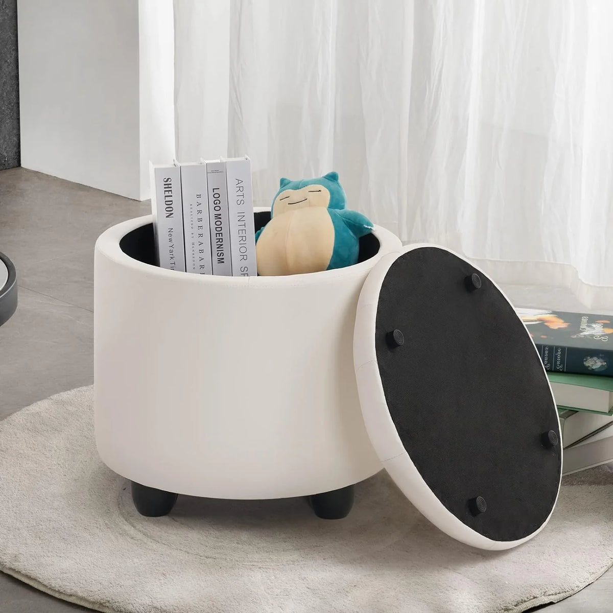 19" Round Storage Ottoman with Cover Lid Tufted PU Leather Fabric Ottoman E1331