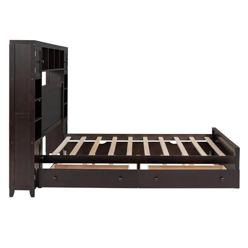 White Full Size Platform Bed with Bookcase Headboard and Storage Drawers V785