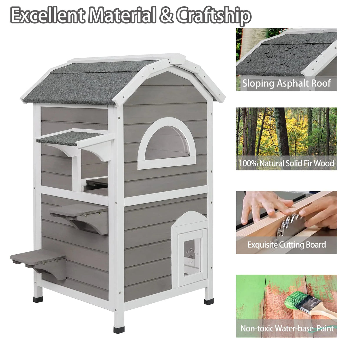 Weatherproof Two Story Wooden Outdoor Cat House S888