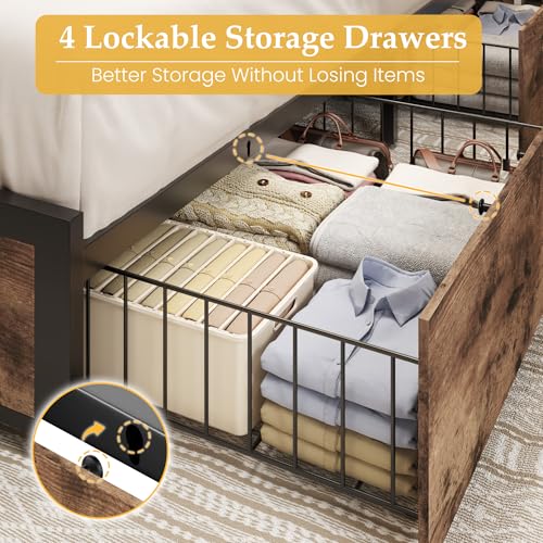 Queen Metal Platform Bed Frame with Storage Headboard and 4 Drawers E830