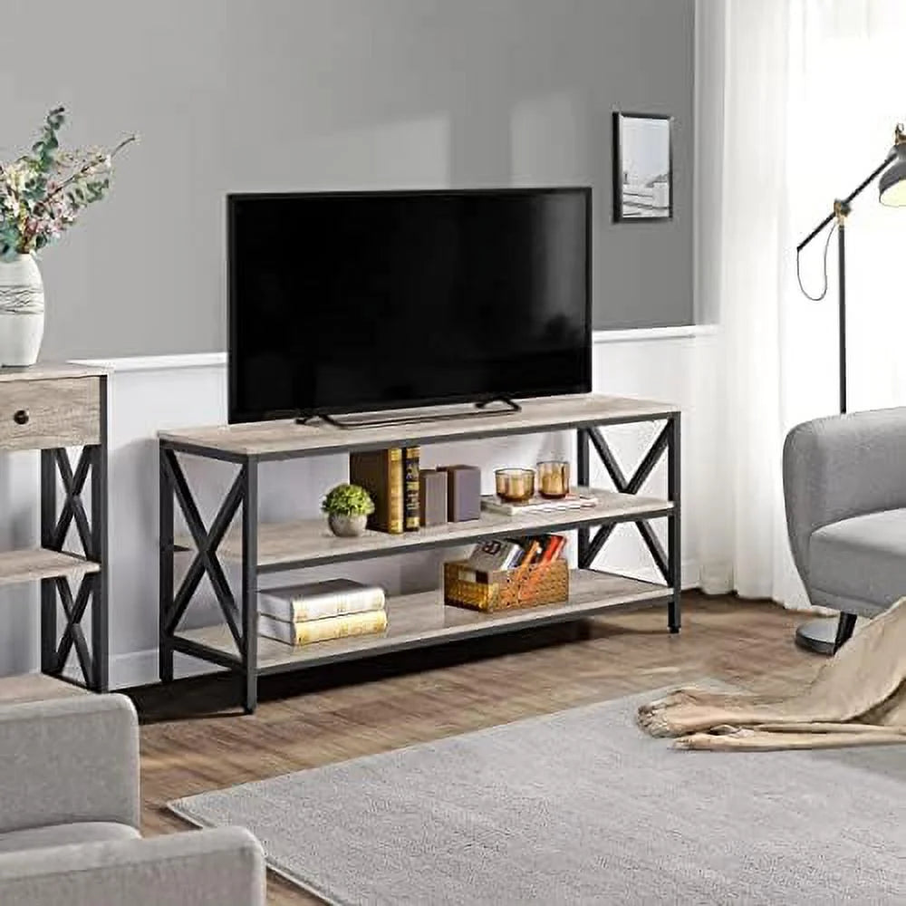 Industrial TV Stand with 3 Tier Shelves Metal Frame Rustic Brown Q950