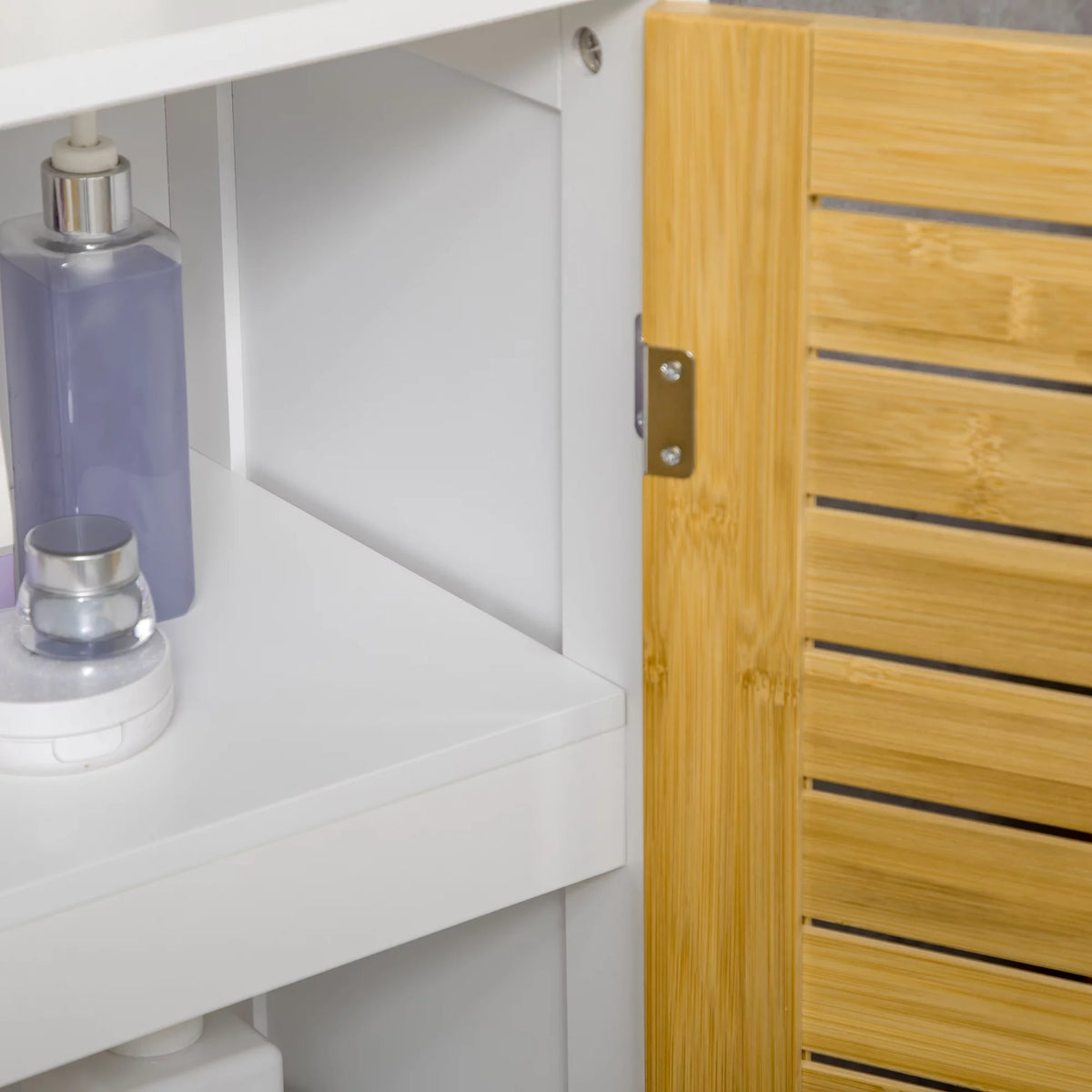 Bathroom Floor Cabinet with Bamboo Doors, Adjustable Shelves, White and Natural G244781