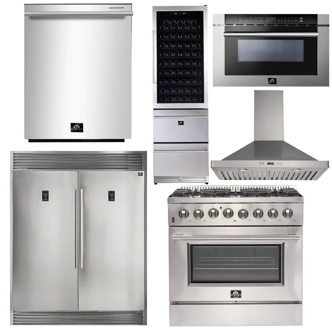 36 Inch Dual Fuel Range, Range Hood, Refrigerator, Microwave Drawer, Dishwasher, Wine Cooler U97307