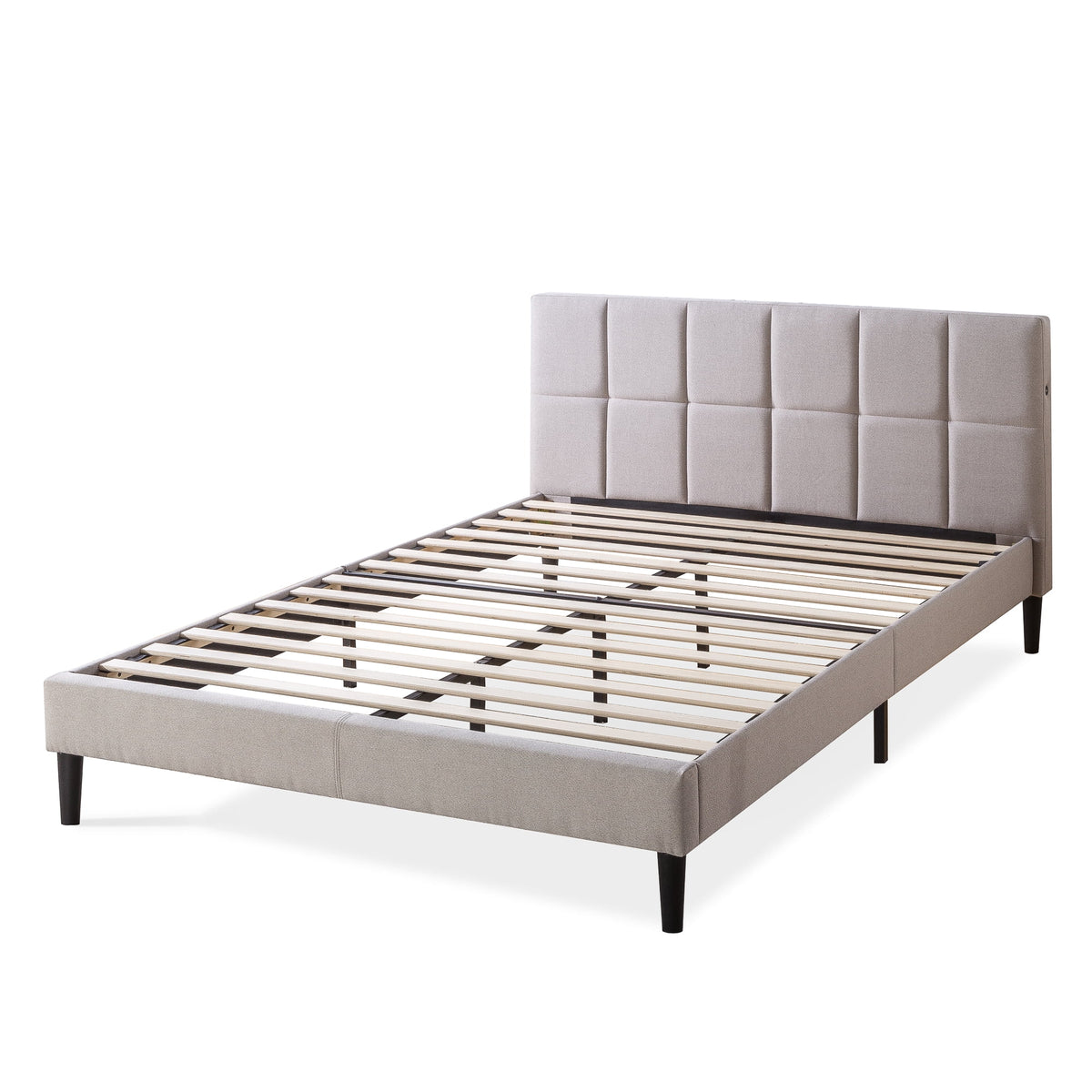Grey Queen Upholstered Platform Bed Frame with USB Ports U8104