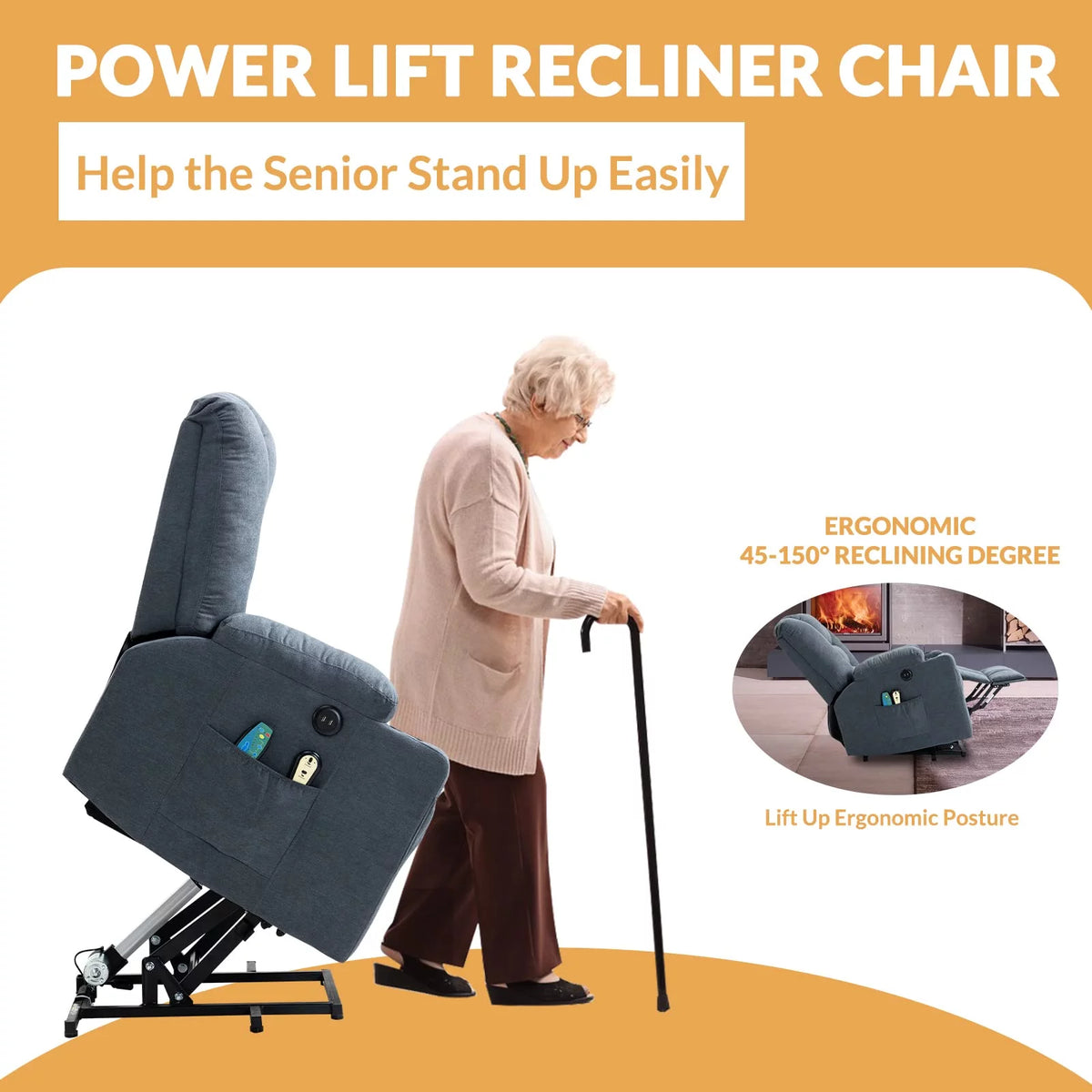 Gray-Blue Fabric Lift Recliner Chair with Heat and Massage T719282