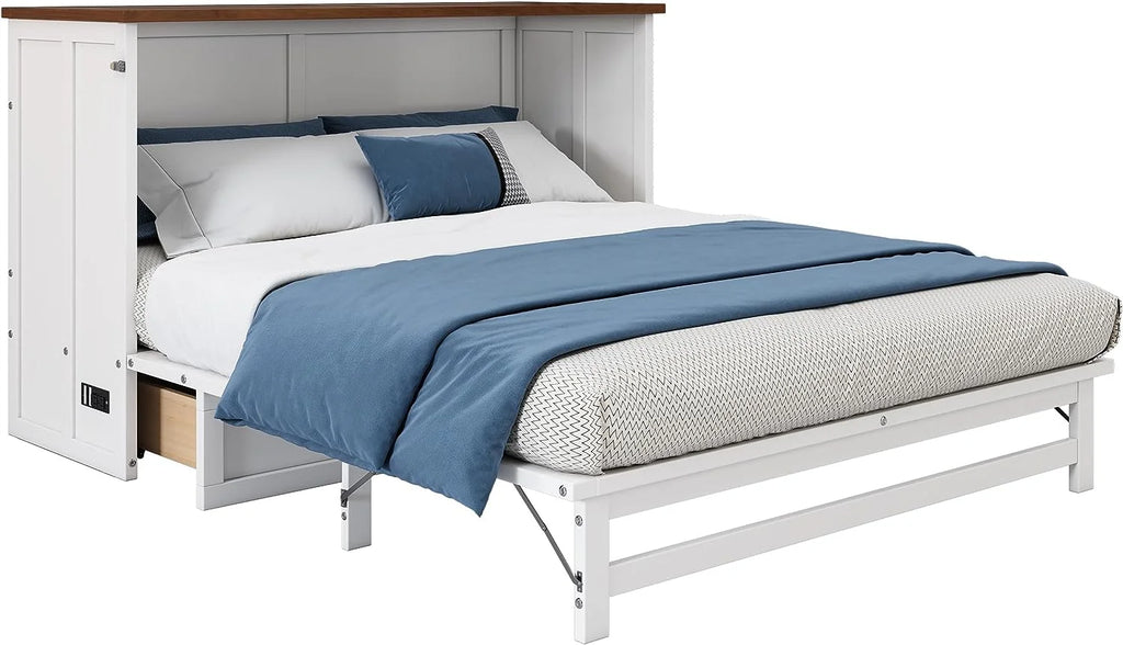 Queen Size Foldable Wood Murphy Bed Chest with Charging Station and Storage Drawer X813