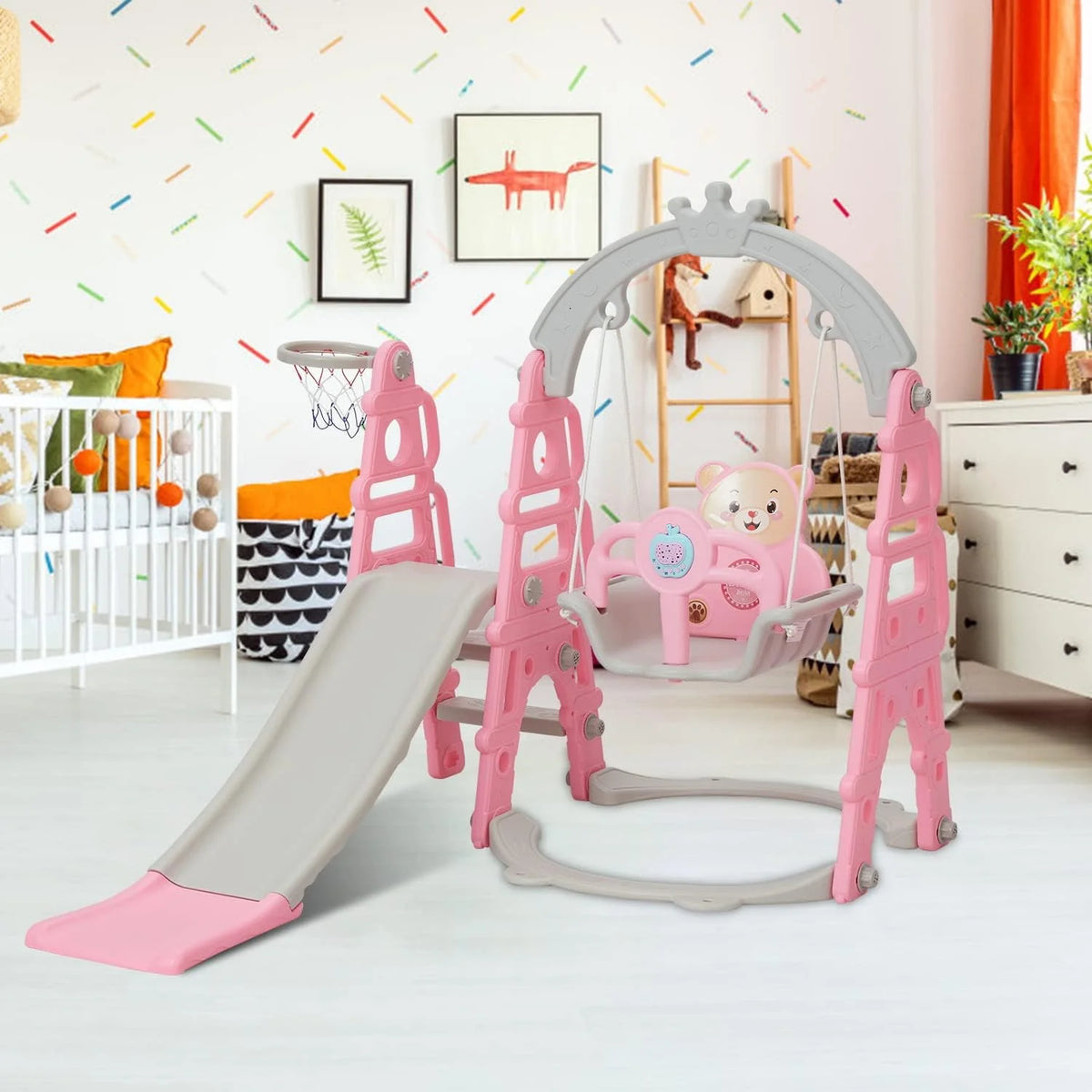 5 in 1 Toddler Slide Swing Set with Basketball Hoop Blue P69511
